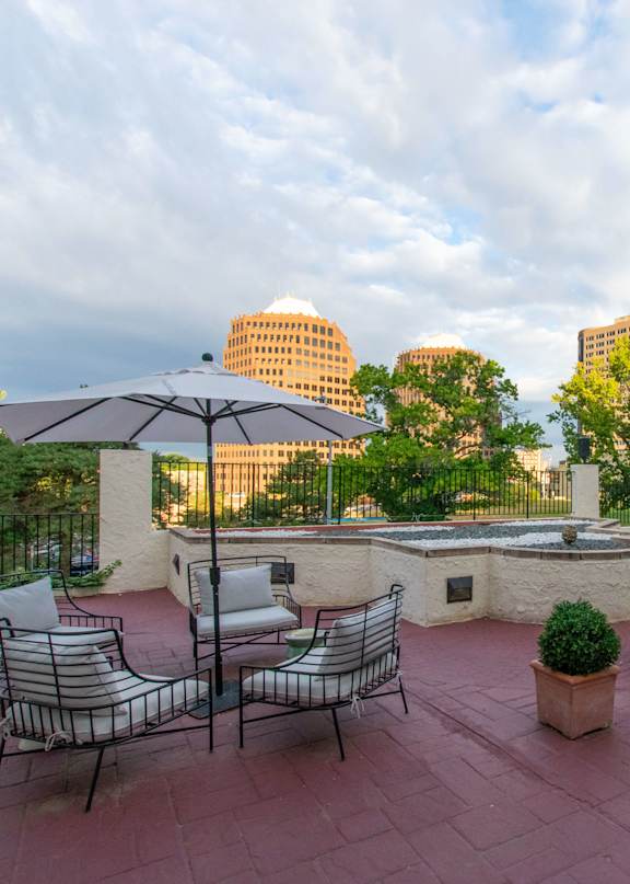 Rooftop terrace at The Maxwell Apartments with views of the Plaza