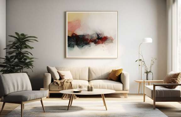 A living room with a grey couch, a chair, a small table, and a painting on the wall.