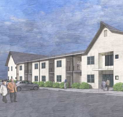 a rendering of a white building with people walking in front of it