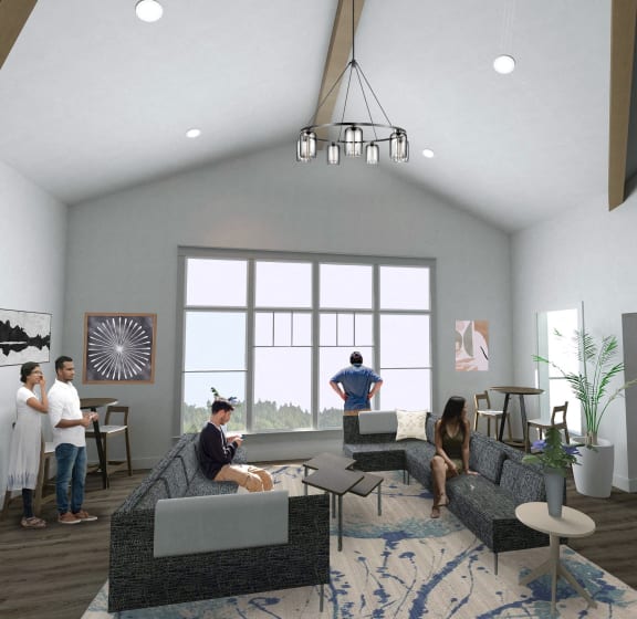 a rendering of a living room with people in it at Commons at Sylvan Canyon Apartments, Portland, OR, 97221