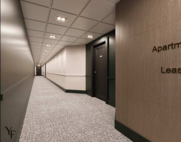 A long hallway with a sign that says Apartment Lease.