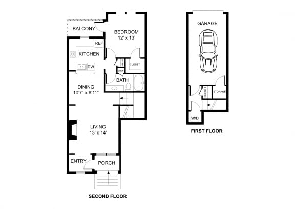 Floor Plan  One bedroom, one bathroom, townhome,  walk-in closet, laundry room, hvac room, pantry, living room, kitchen THE AMHERST floor plan, 819 square feet.
