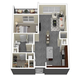 A floor plan of a house with a living room, dining room, kitchen, and bathrooms.