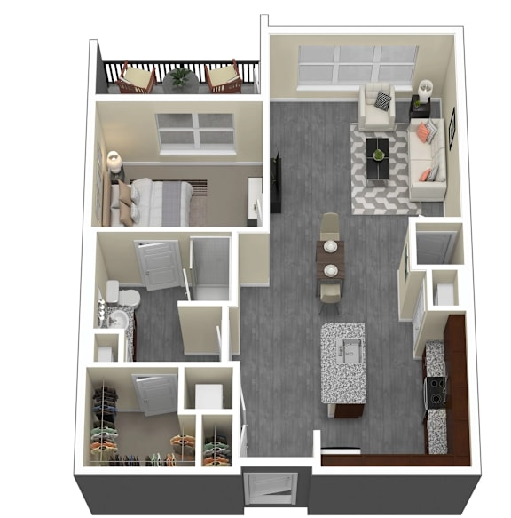A floor plan of a house with a living room, dining room, kitchen, and bathrooms.