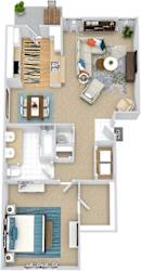 Belwood 3D 1 bedroom apartment. Kitchen with bartop open to living & dinning rooms. 1 full bathroom, double vanity. Walk-in closet. Patio/balcony. Optional fireplace.