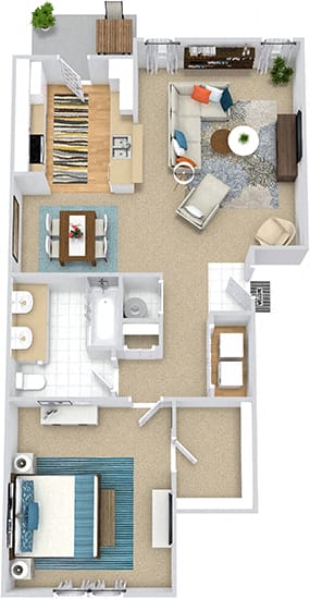 Belwood 3D 1 bedroom apartment. Kitchen with bartop open to living &amp; dinning rooms. 1 full bathroom, double vanity. Walk-in closet. Patio/balcony. Optional fireplace.