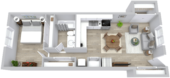 A 3D floor plan of a house with a kitchen, living room, dining room, and bathroom.
