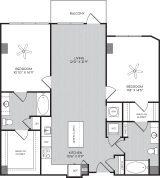 B1e Two Bedroom Floor Plan with Balcony at Apartment Homes For Rent in Vinings, GA