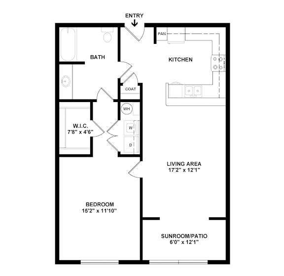 A floor plan of a small apartment with a bedroom, living area, kitchen, and bathroom.
