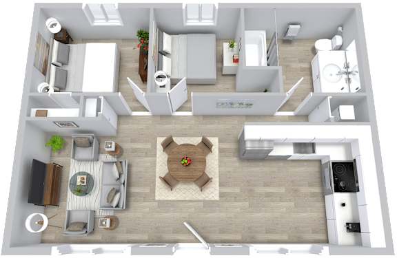 A 3D floor plan of a small apartment with a kitchen, living room, and bathroom.