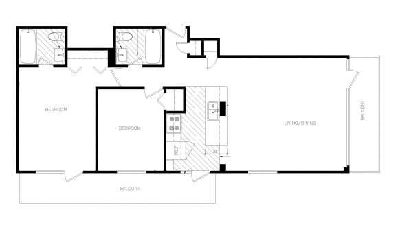 Two bedroom, two bathroom apartment layout at South Algiers in Toronto, ON