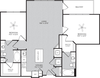 B1c Two Bedroom Floor Plan with Balcony at Apartment Homes For Rent in Vinings, GA