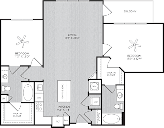 B1c Two Bedroom Floor Plan with Balcony at Apartment Homes For Rent in Vinings, GA