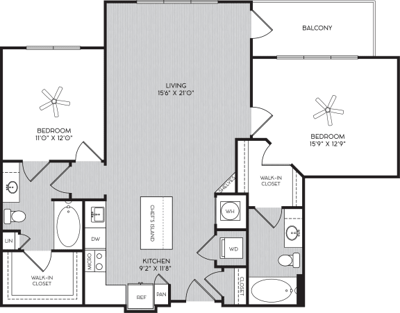 B1c Two Bedroom Floor Plan with Balcony at Apartment Homes For Rent in Vinings, GA