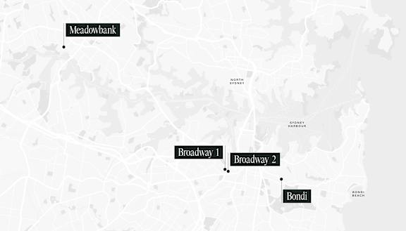 A map shows the locations of Meadowbank, Broadway 1, Broadway 2, and Bondi.