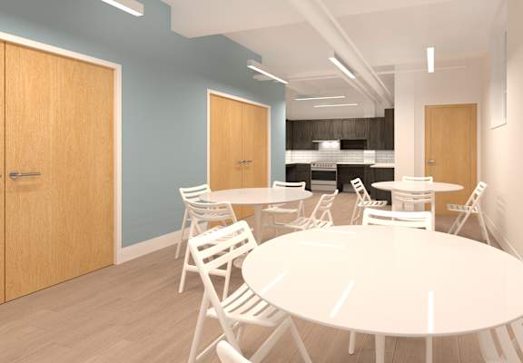 a rendering of a dining room with white tables and chairs