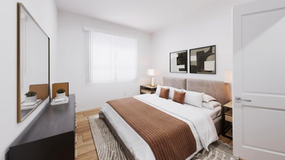 a bedroom with white walls and a bed with a brown blanket at Anacapa Canyon, Camarillo, 93012