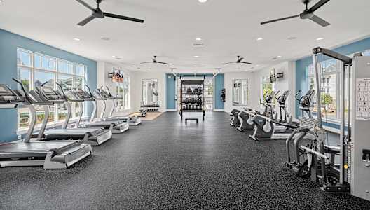 a gym with cardio machines and ceiling fans
