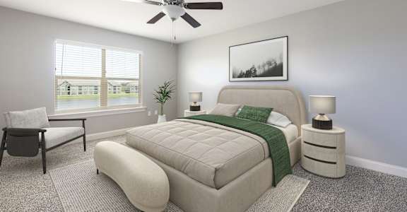 an expansive bedroom with a large bed and a ceiling fan