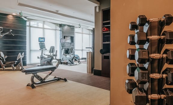 a gym with weights on the wall and a chair in the middle
