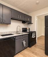 A kitchen with black cabinets and appliances at Overlook Club Apartments, Georgia