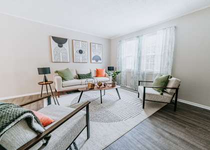 a living room with a couch and a chair