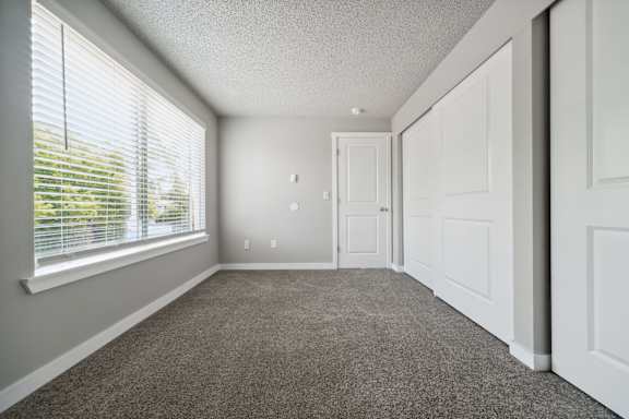 A room with white doors and carpeted floor.