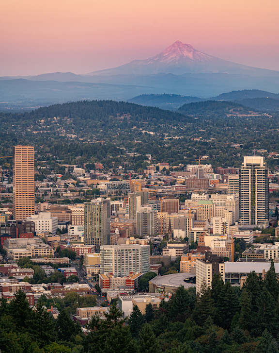 A cityscape with a mountain in the background.
