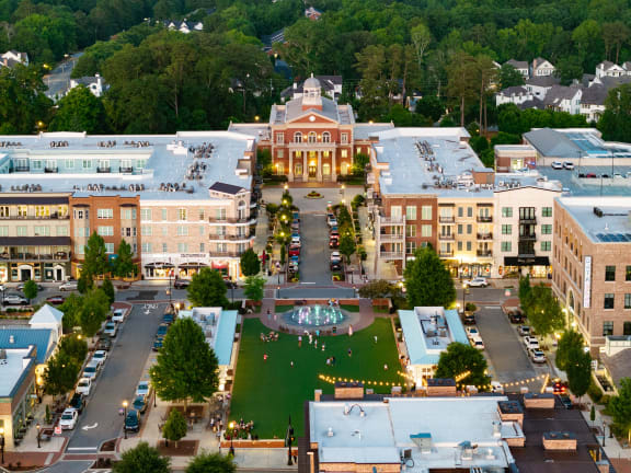 an aerial view of the campus at night