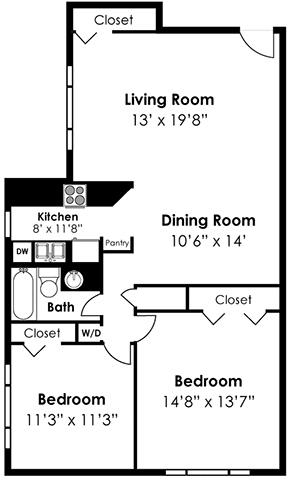 2 Bedroom 1 Bath 980sf Floor Plan at Stevenson Lane Apartments, Towson