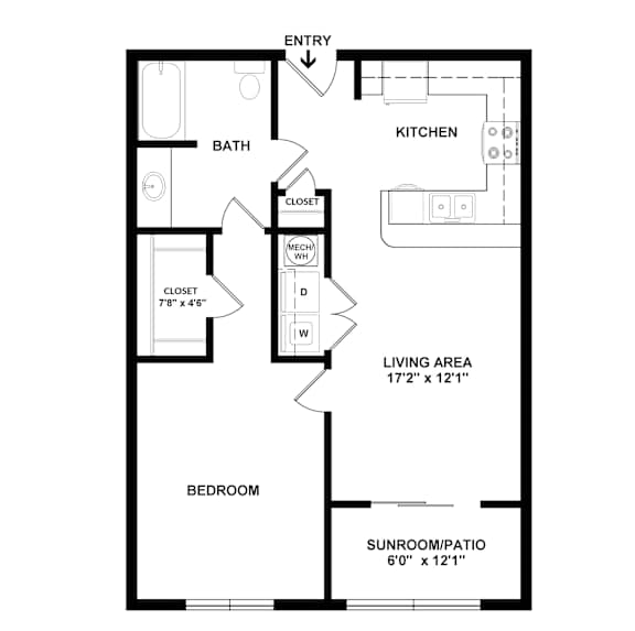 A floor plan of a small apartment with a bedroom, bathroom, kitchen, and living area.