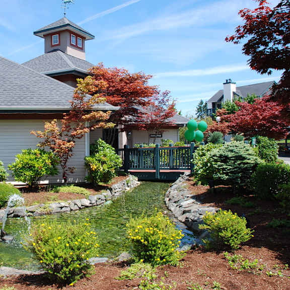 A garden with a pond and a house in the background.