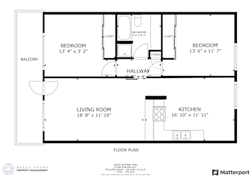 A floor plan for a home with a living room, kitchen, and two bedrooms.