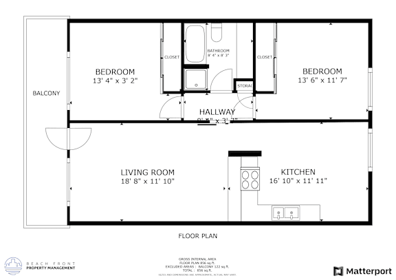 A floor plan for a home with a living room, kitchen, and two bedrooms.
