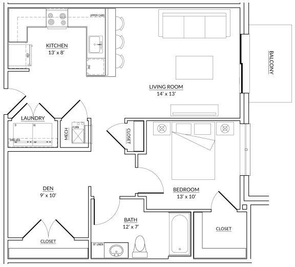Hartman Style A - 1 bed, 1 bath &#x2B; den apartment floor plan