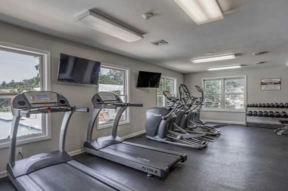 A gym with treadmills, exercise bikes, and dumbbells.
