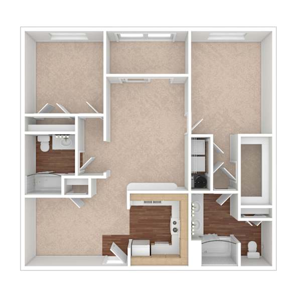 A diagram of a house layout with a kitchen, living room, and bathroom.