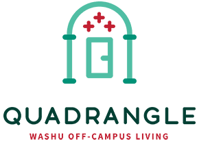 a graphic with the quadrangle logo and the words hazm off campus living