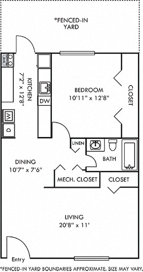Willow with Fenced-in Yard. 1 bedroom apartment. Kitchen. living/dinning rooms. 1 full bathroom. closet. Door in kitchen opens to yard.