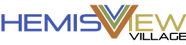 The image shows the text "HEMISVIEW VILLAGE" in a stylized font with each letter in a different color.