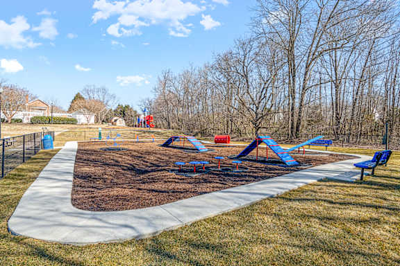 A playground with a blue slide and a red slide.
