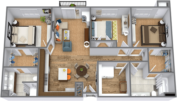 A 3D floor plan of a house with a living room, kitchen, dining room, and bedrooms.