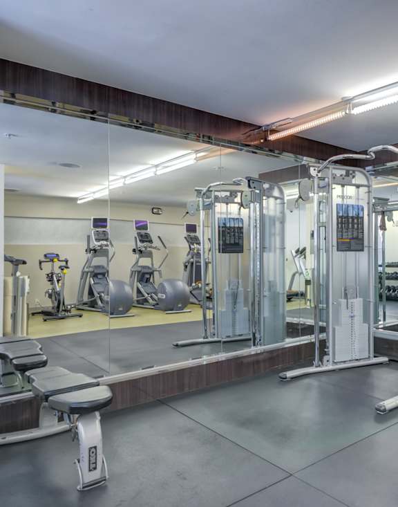 A gym with a variety of equipment including a squat rack, a leg press machine, and a bench press.