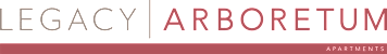 The image shows a logo with the words "LEGACY ARBORETUM" in white text on a green background.