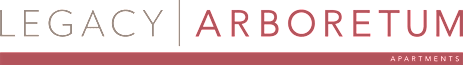 The image shows a logo with the words "LEGACY ARBORETUM" in white text on a green background.
