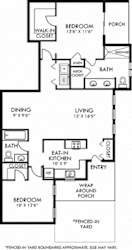 Glenwood + Fenced-in Yard. 2 bedroom apartment. Kitchen closed off. 2 full bathrooms, double vanity in master. Walk-in closets in both bedrooms. Patio/balcony open to yard.