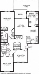 Timber Crest + Fenced-in Yard. 3 bedroom apartment. Kitchen with eating space. Study area. 2 full bathrooms, shower stall in master. Two closets in master. Patio.