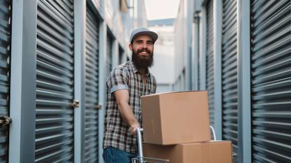 A man with a beard is carrying boxes while standing in front of a storage unit.