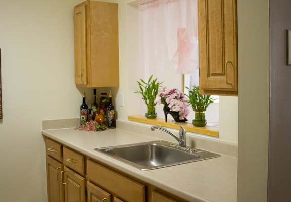 a small kitchen with a sink and wooden cabinets
