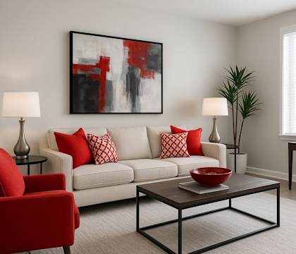 A living room with a white couch, red pillows, a red chair, a coffee table, and a painting on the wall.